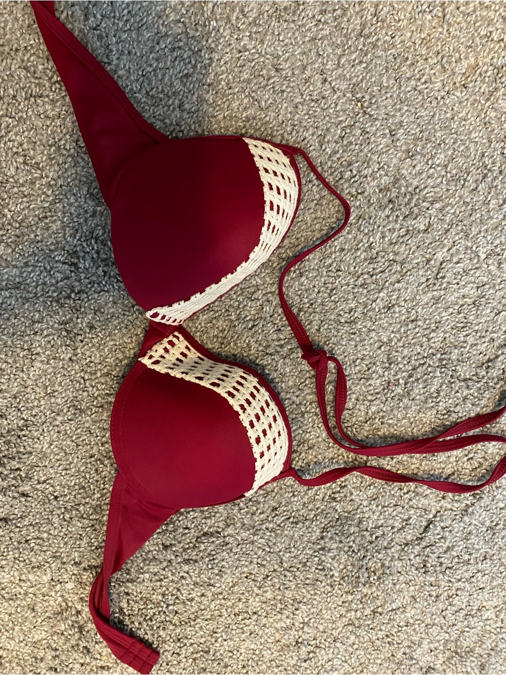 Plunge Push-Up Crochet Trim Bikini Top - Burgundy